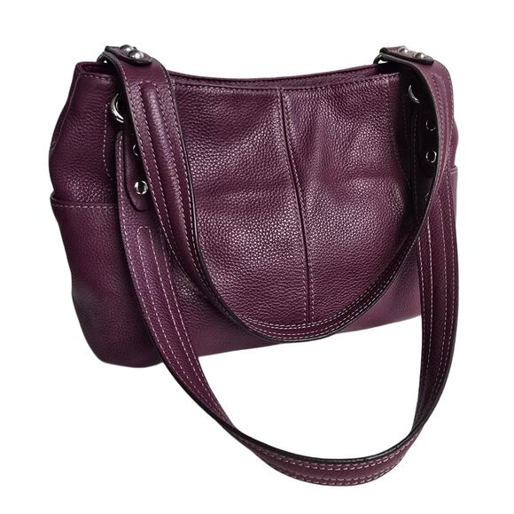 Purple Leather Purse Tignanello Pebbled Handbag Silver Tone Double Handle - Picture 13 of 13